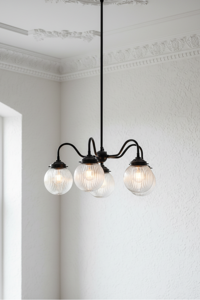 5 arm chandelier with gooseneck style arms in black with clearreeded glass ball shades. 