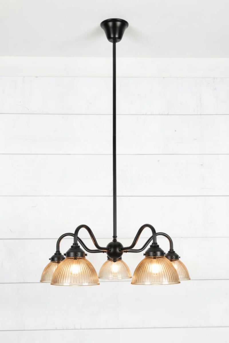 Black 5 arm gooseneck chandelier with amber ribbed glass shades