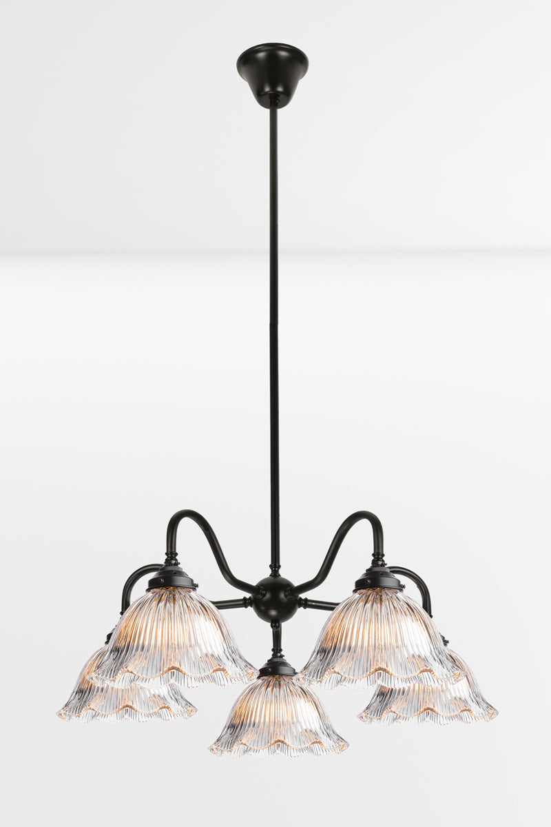 Black 5 light gooseneck chandelier with frilledge clear glass ribbed shades. 
