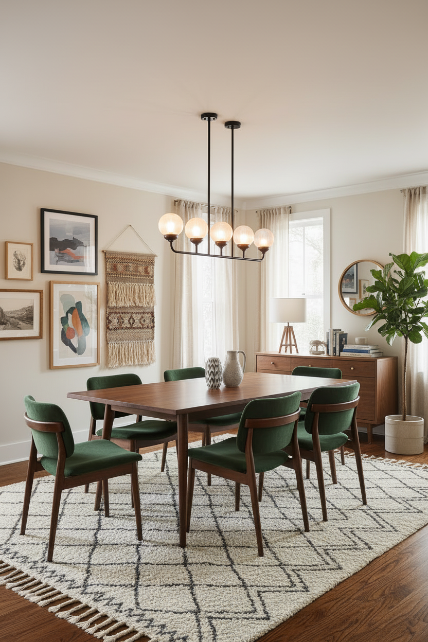 dining room mid century decor with 5 light pendant light and clear reeded glass shades