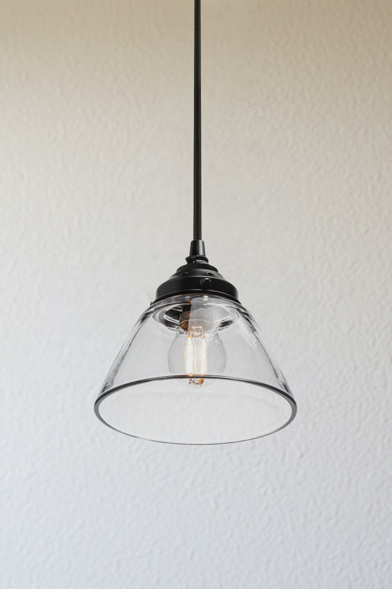 Belmont Glass Pendant Light with clear glass shade and black suspension cord