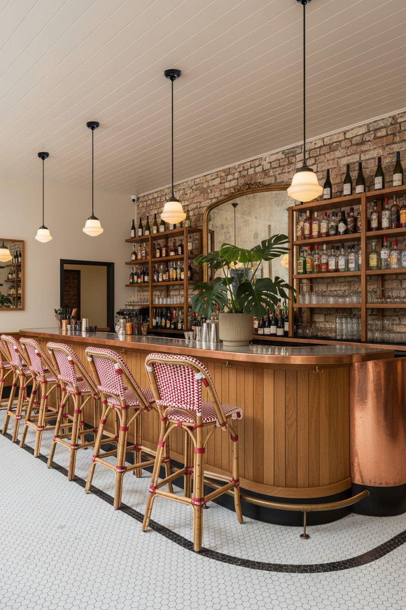 FOur schoolhouse pendants accross a bar in well styled cafe restaurant