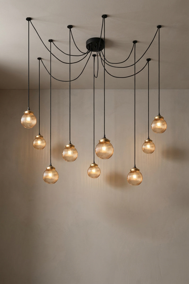9 drop chandelier with mounting plates and amber shades