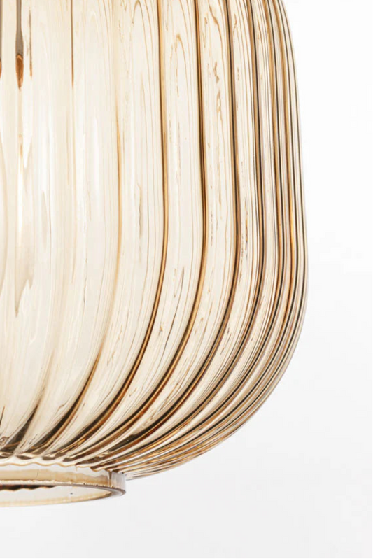 Close-up of amber reeded glass shade on Balmain 3 Light Flush Mount