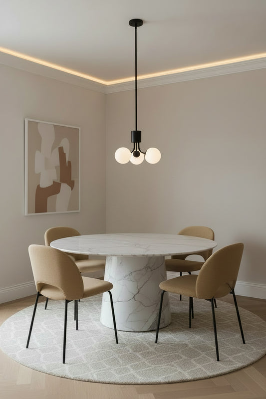 3 opal glass ball orb chandelier on a black fixture in a modern dining room. 