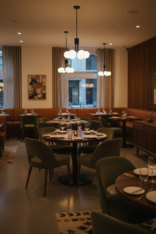Multi light glass ball pendants on black fixtures in a resturant setting. 