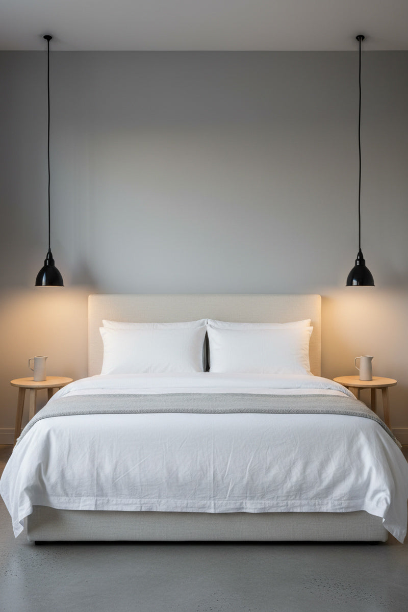 Two black metal pendant lights as bedside lighting in a clean fresh bedroom space. 