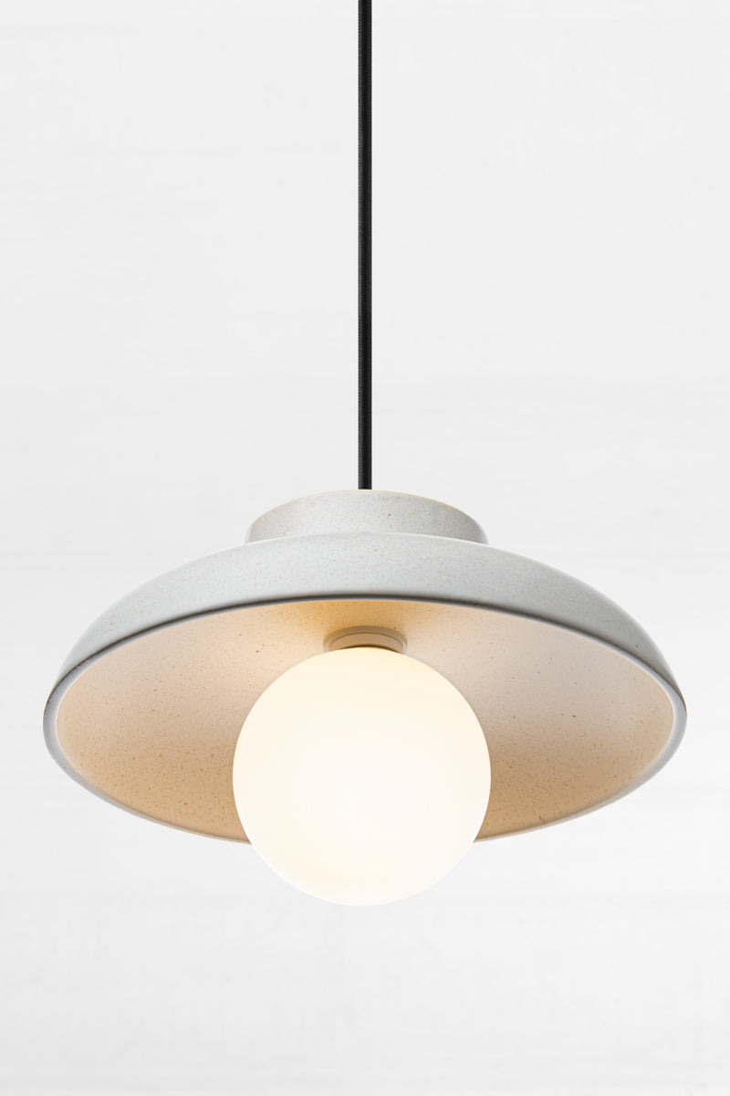 Beautiful opal orb glass shade paired with a large ceramic grey and slightly speckled finish. 