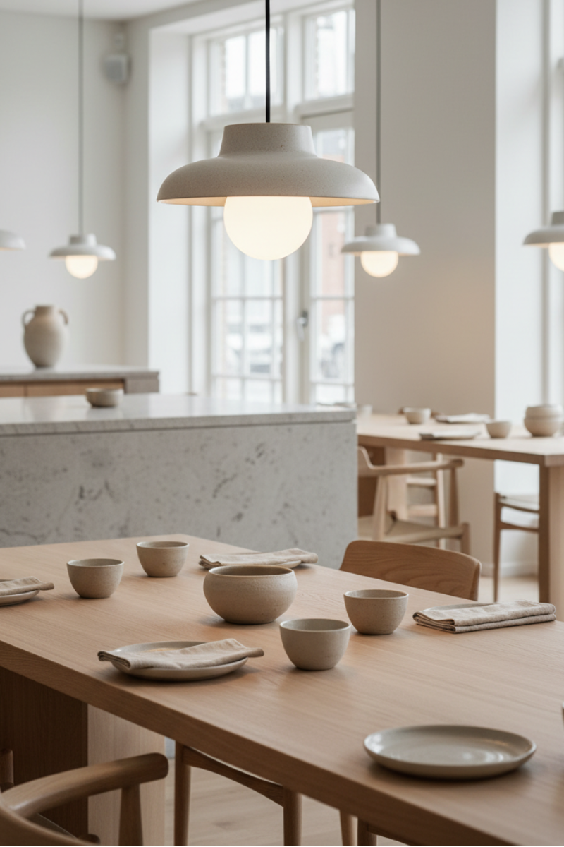 ceramic dish pendant light over wooden tables in a resturant