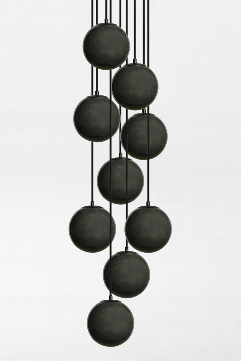 9 drop on 40cm circular rose no plates with dark grey glass ball shades. 