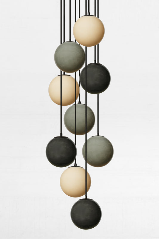 9 drop on 40cm circular rose no plates with a mix of amber, light greay and dark grey glass ball shades. 