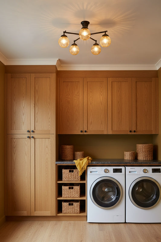 Laundry room with wooden cabinets and five arm flush mount light in black with amber shades 