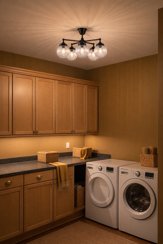 Laundry room with wooden cabinets and five arm flush mount light in black with clear shades 