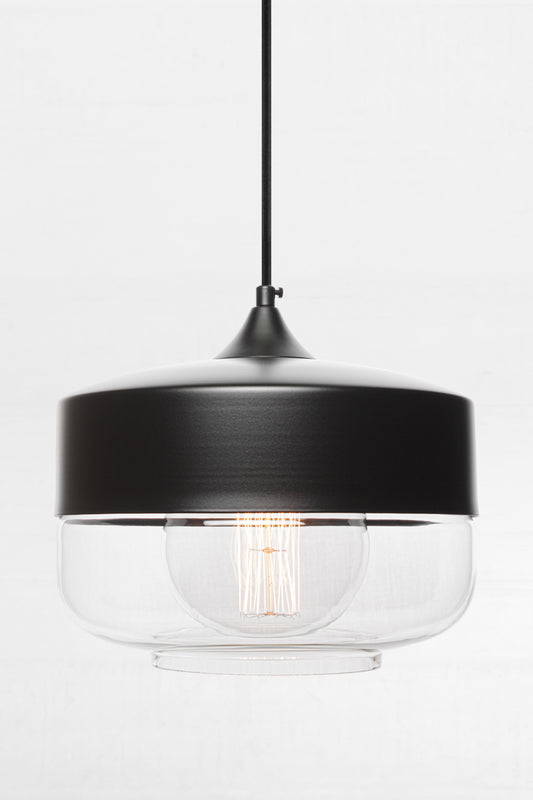 Front view of the silhuette A of the Dalston industrial/ modern glass and metal pendant light. 