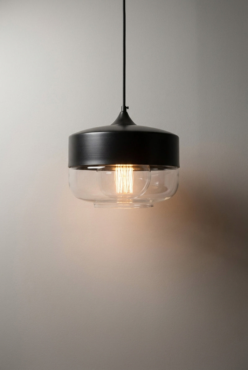 Front view of the silhuette A of the Dalston industrial/ modern glass and metal pendant light. 