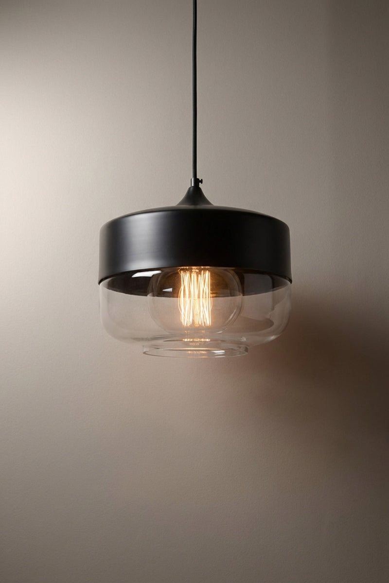 Front view of the silhuette A of the Dalston industrial/ modern glass and metal pendant light. 