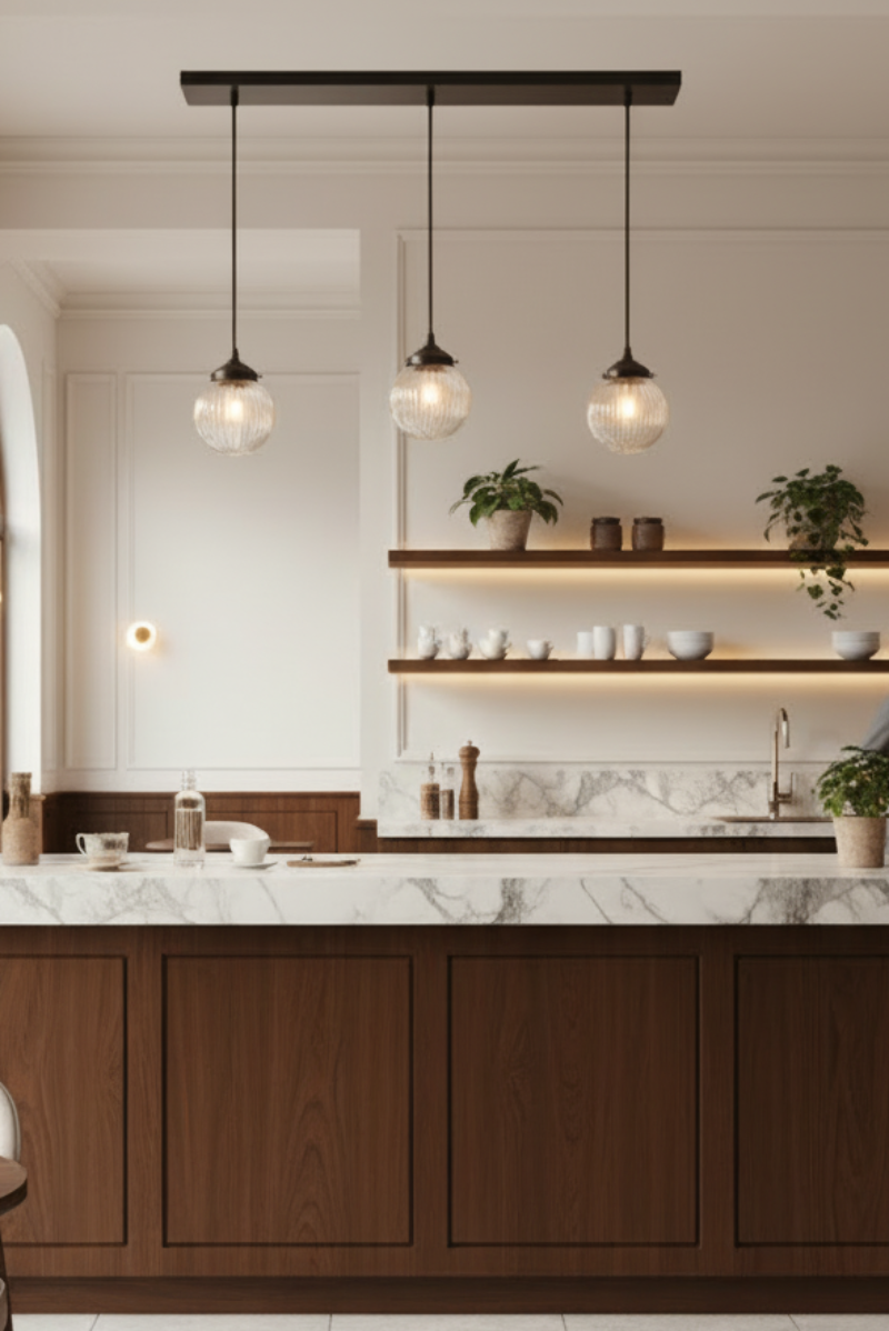 Modern cafe with marble countertop, wooden cabinets, and 3 drop Dakota pendant lights.