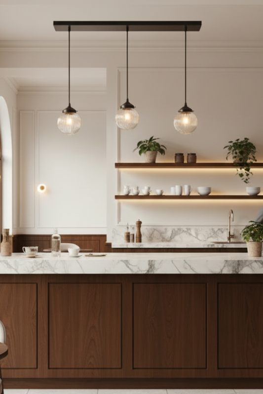 Modern cafe with marble countertop, wooden cabinets, and 3 drop Dakota pendant lights.