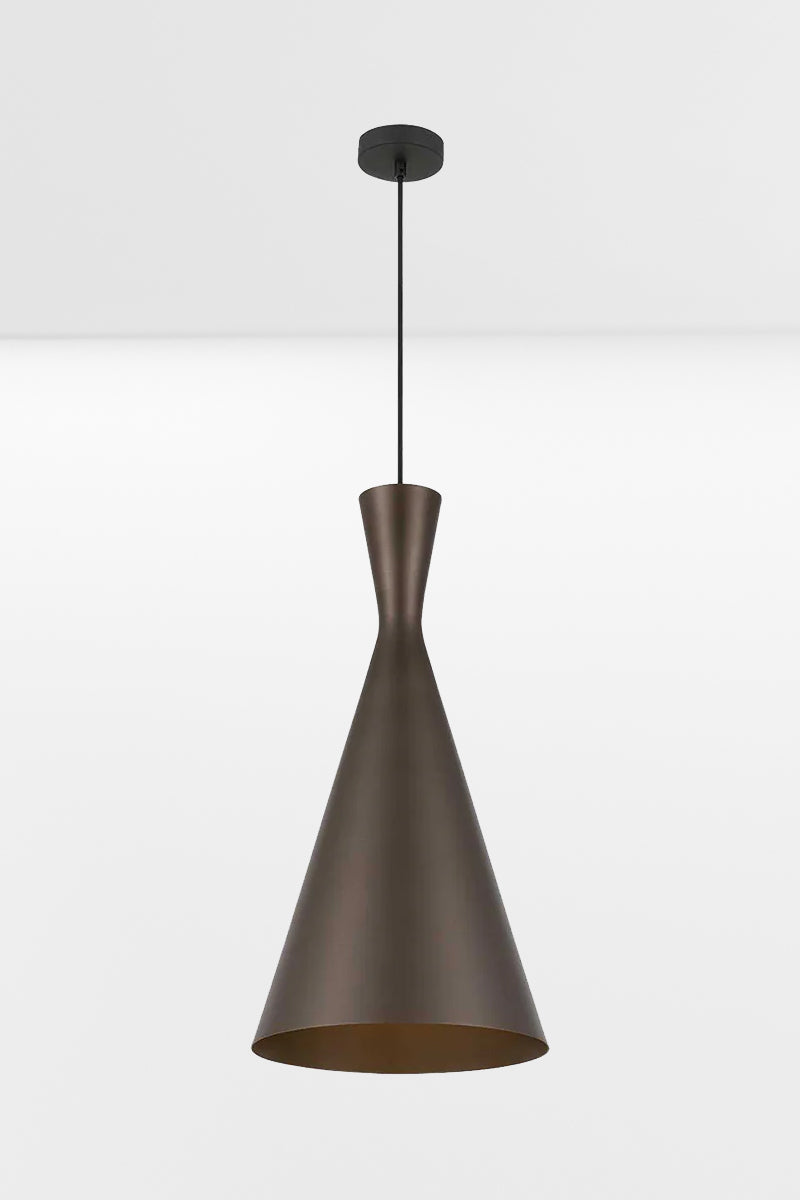 Bronze coloured modern elongated cone pendant light with black cord and ceiling rose. 