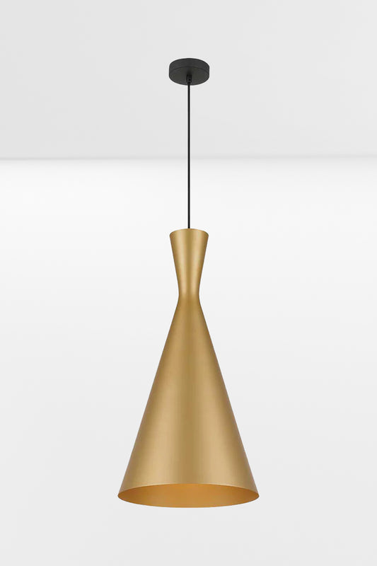 Gold coloured modern elongated cone pendant light with black cord and ceiling rose. 