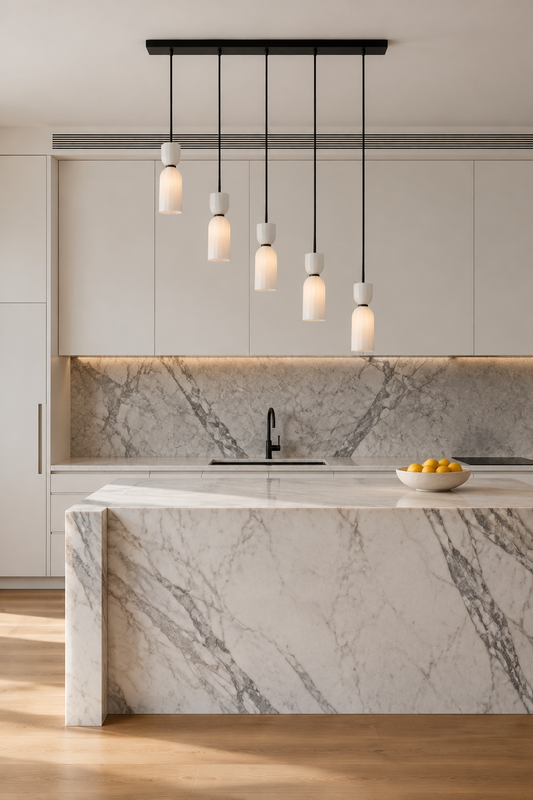 5 light linear pendant light with slimeline opal shades over marble kitchen bench top in modern kitchen
