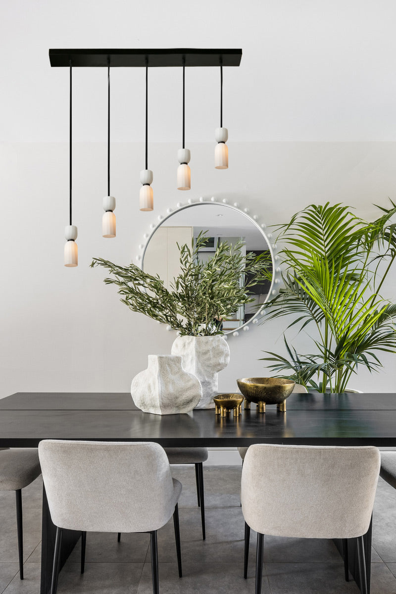 5 light linear pendant light with slimeline opal shades