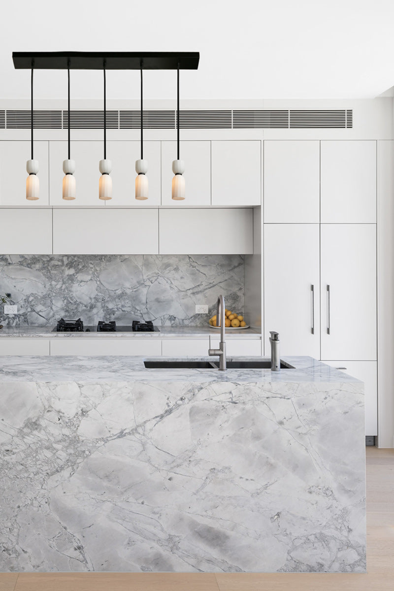 5 light linear pendant light with slimeline opal shades