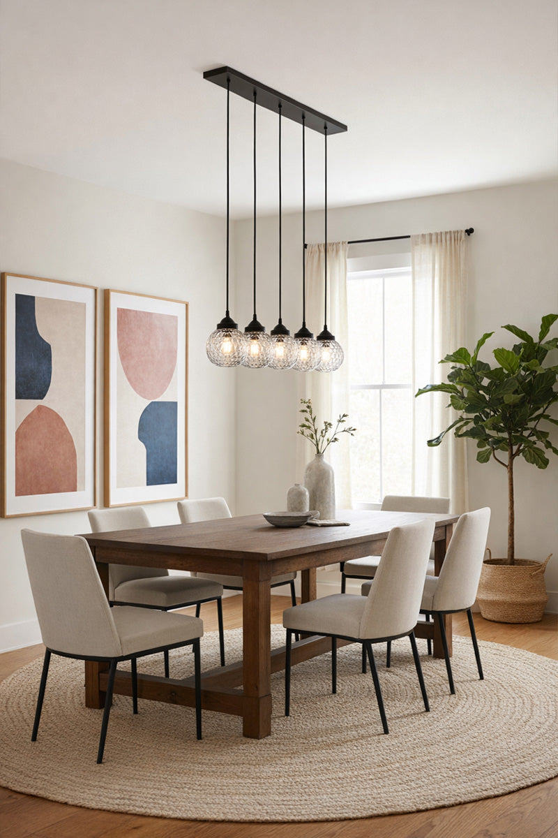 5 light mid-century modern linear light with clear textured glass and black fixtureover a dining area. 