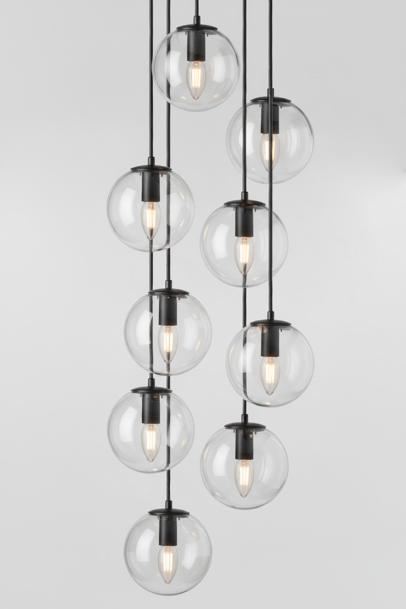 Chandelier with multiple glass pheres on 9 drop ceiling rose