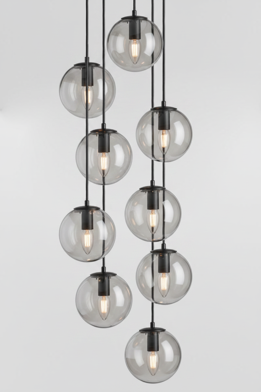 Modern pendant light with grey glass shades and black fixtures on a gray background