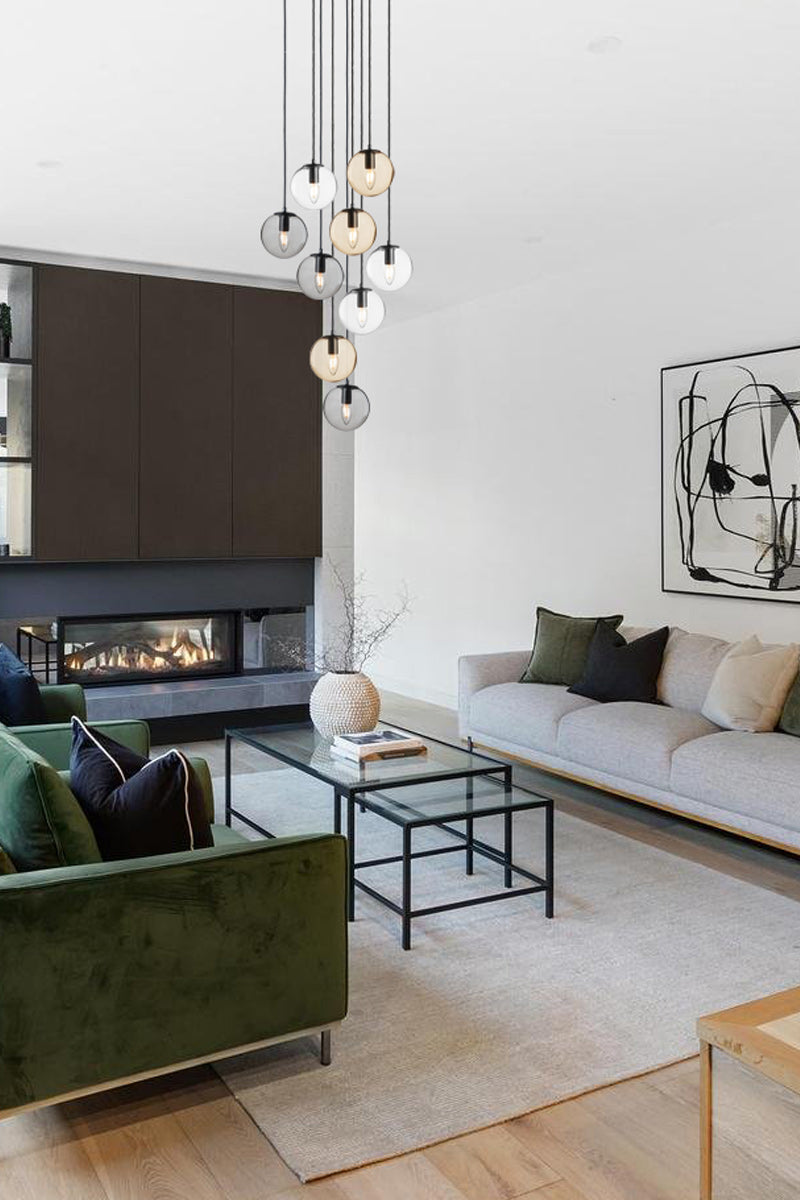 9 light multi drop in a modern living room. 