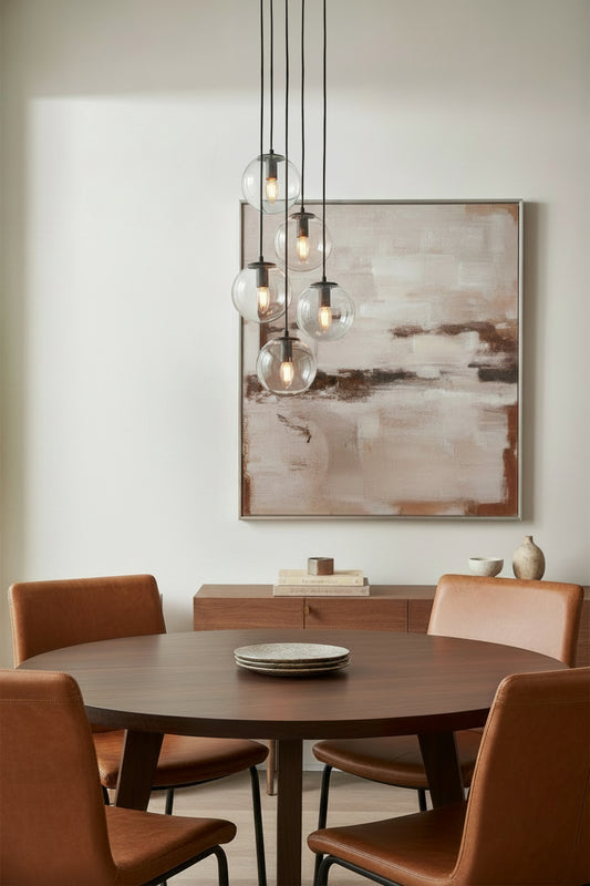 Clear 5 light multi drop in a modern dining room. 