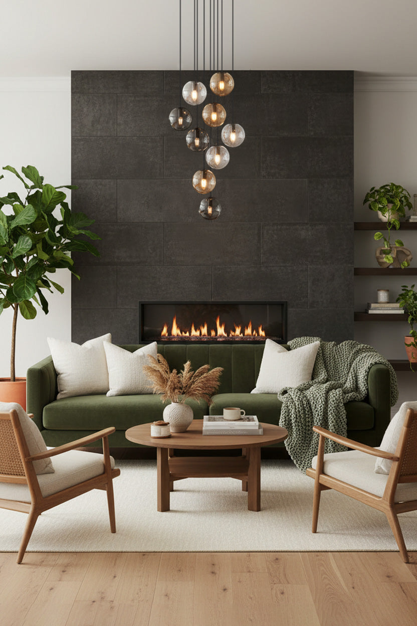 9 light multi drop in a modern living room with fireplace and green couch. 
