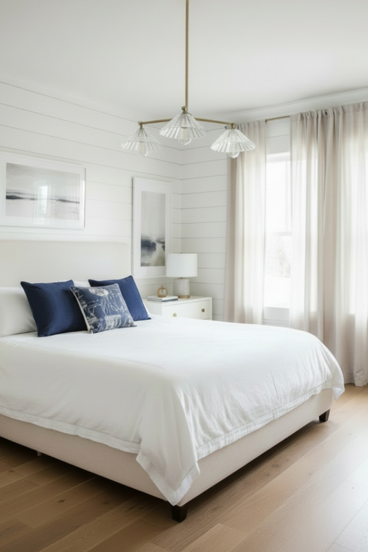 Modern hamptons style bedroom with a bed, nightstands, and decorative pillows.