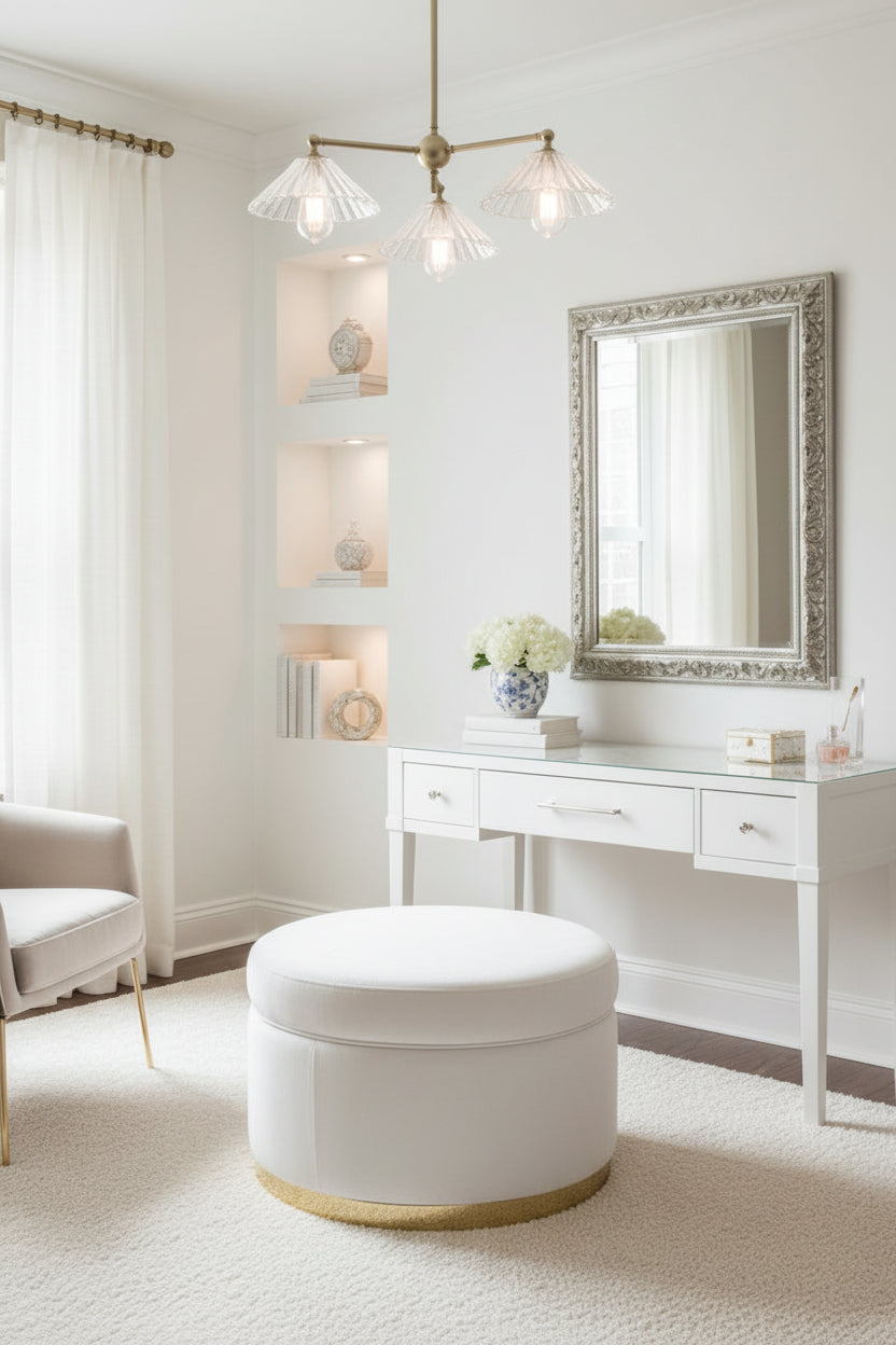  Gold/ Brass three light pendant with  three pleated glass shades in a dressing room space.