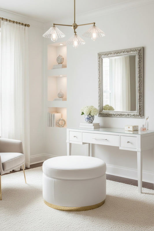  Gold/ Brass three light pendant with  three pleated glass shades in a dressing room space.