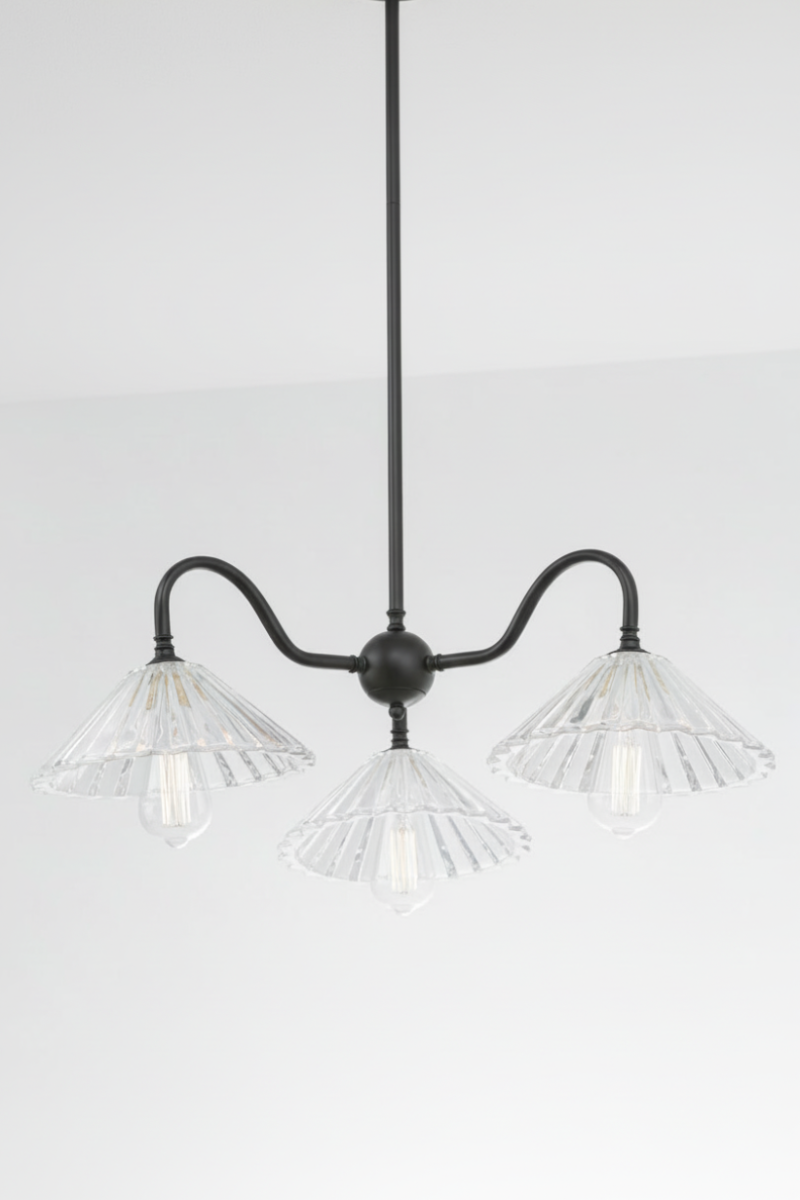 Black 3 light gooseneck chandelier with clear pleated glass shades. 