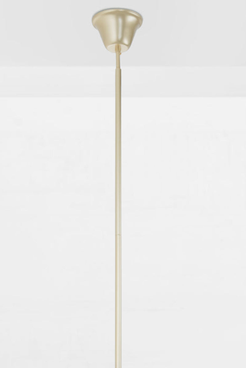 Front view of the Gold/brass 3 light gooseneck chandelier with clear pleated glass shades. 