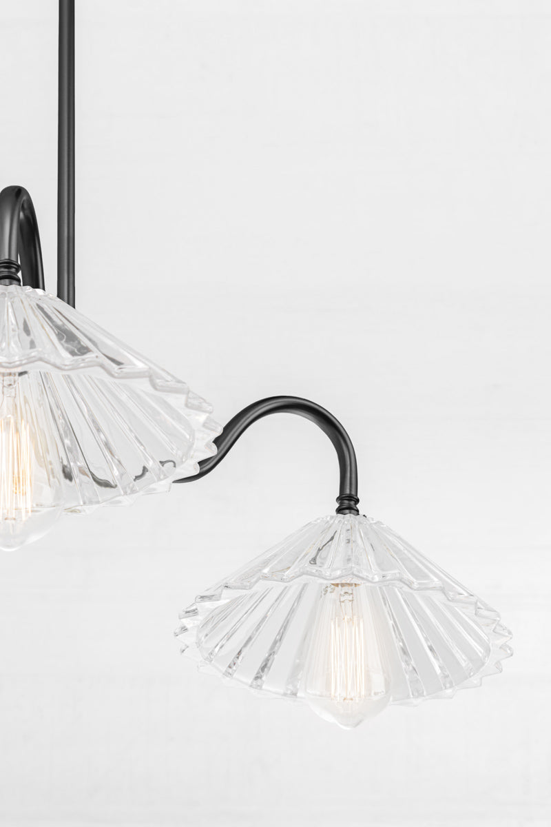 Close up of the Black 3 light gooseneck chandelier with clear pleated glass shades. 