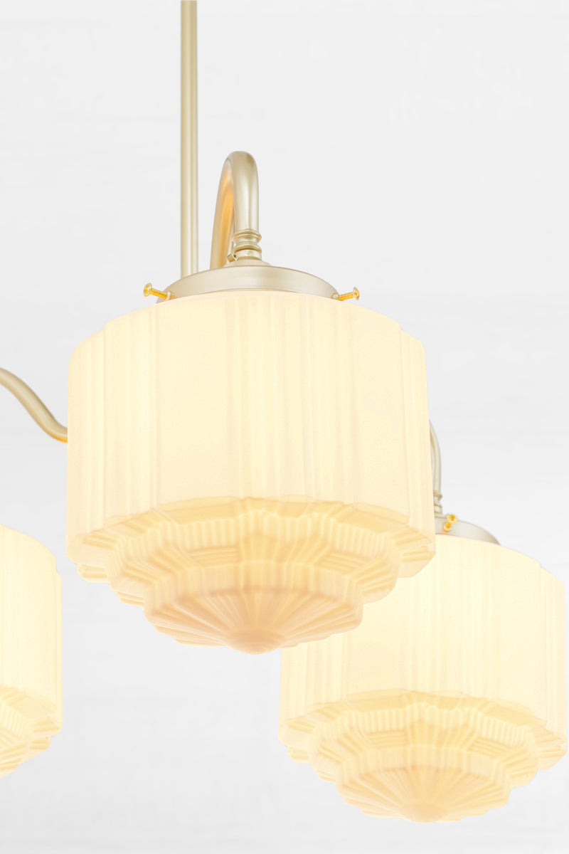 Close up of the deco shades on the gold/brass gooseneck pendant frame