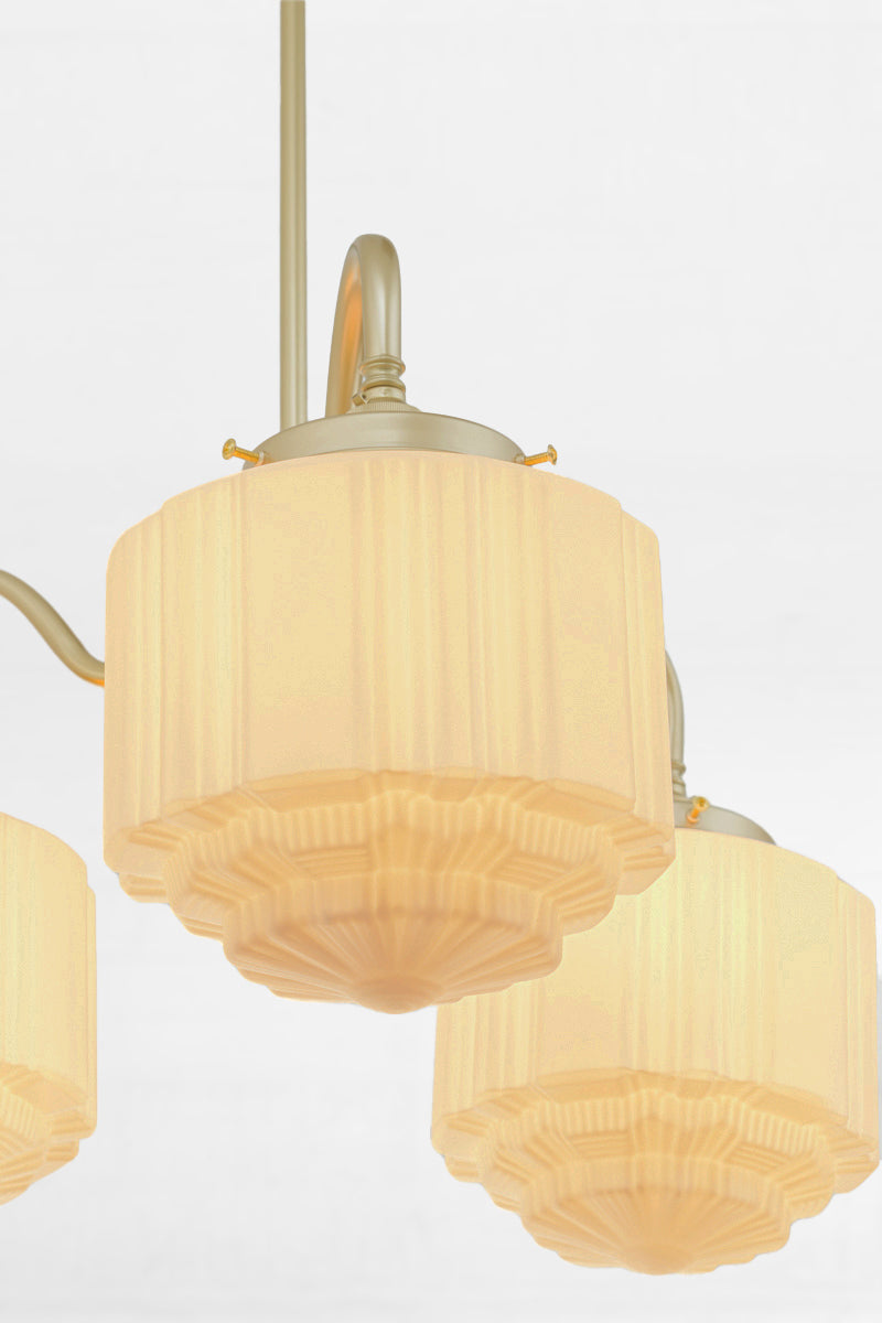 Close up of the deco shades on the gold/brass gooseneck pendant frame
