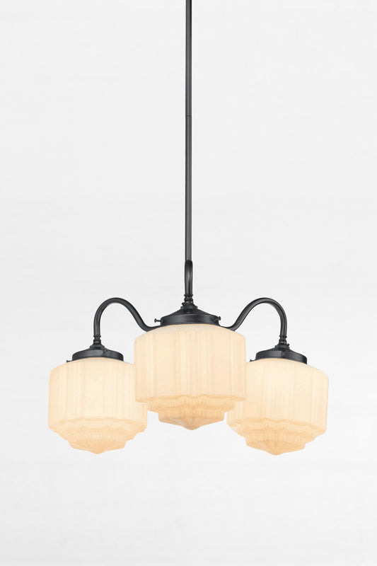 Black three arm pendant light with gooseneck arms and three opal glass deco shades