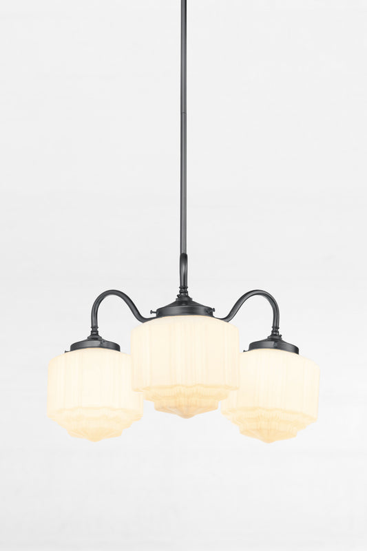Black three arm pendant light with gooseneck arms and three opal glass deco shades