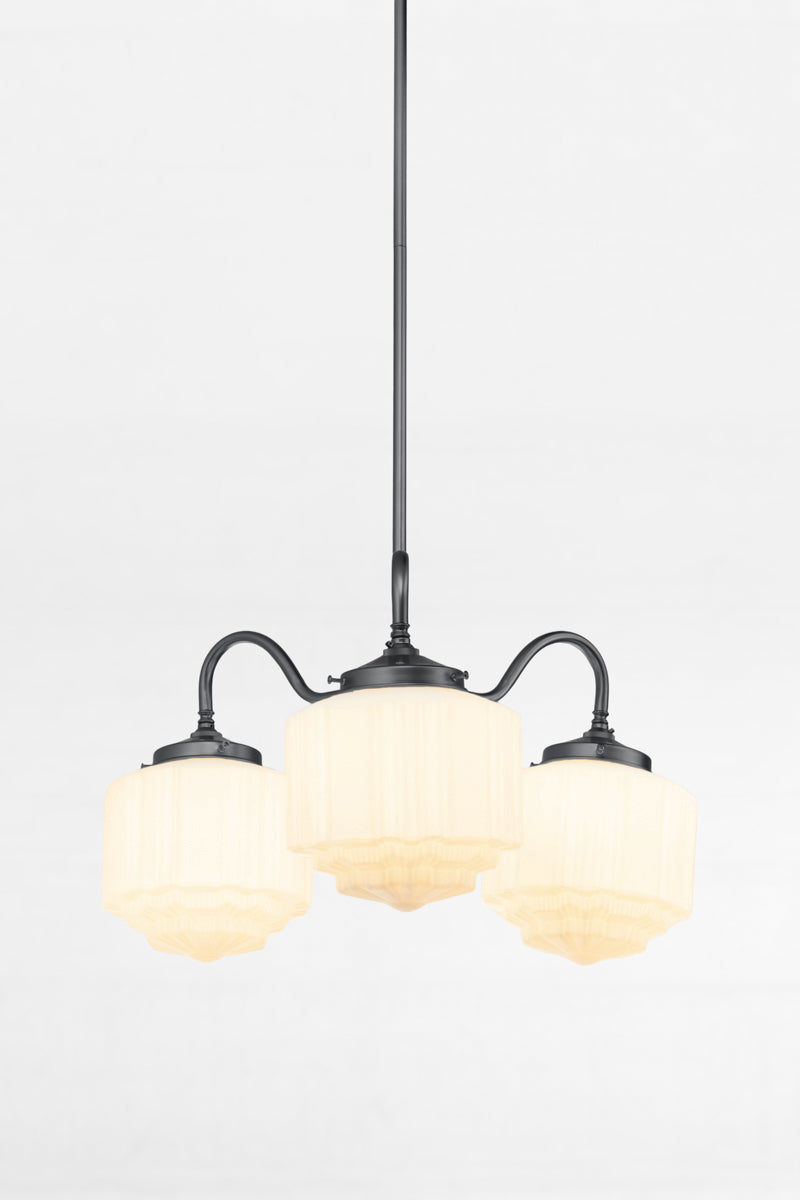 Black three arm pendant light with gooseneck arms and three opal glass deco shades