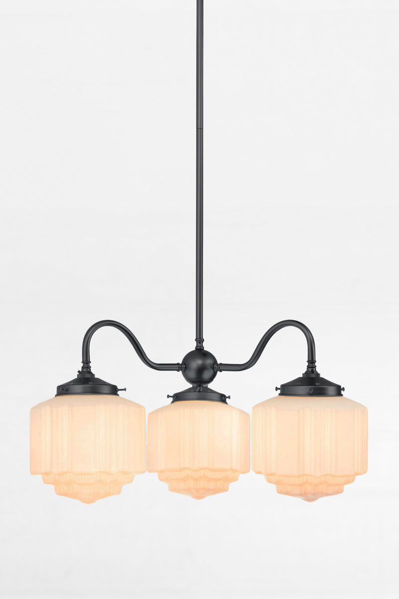 Black three gooseneck arm pendant light with opal glass deco shades