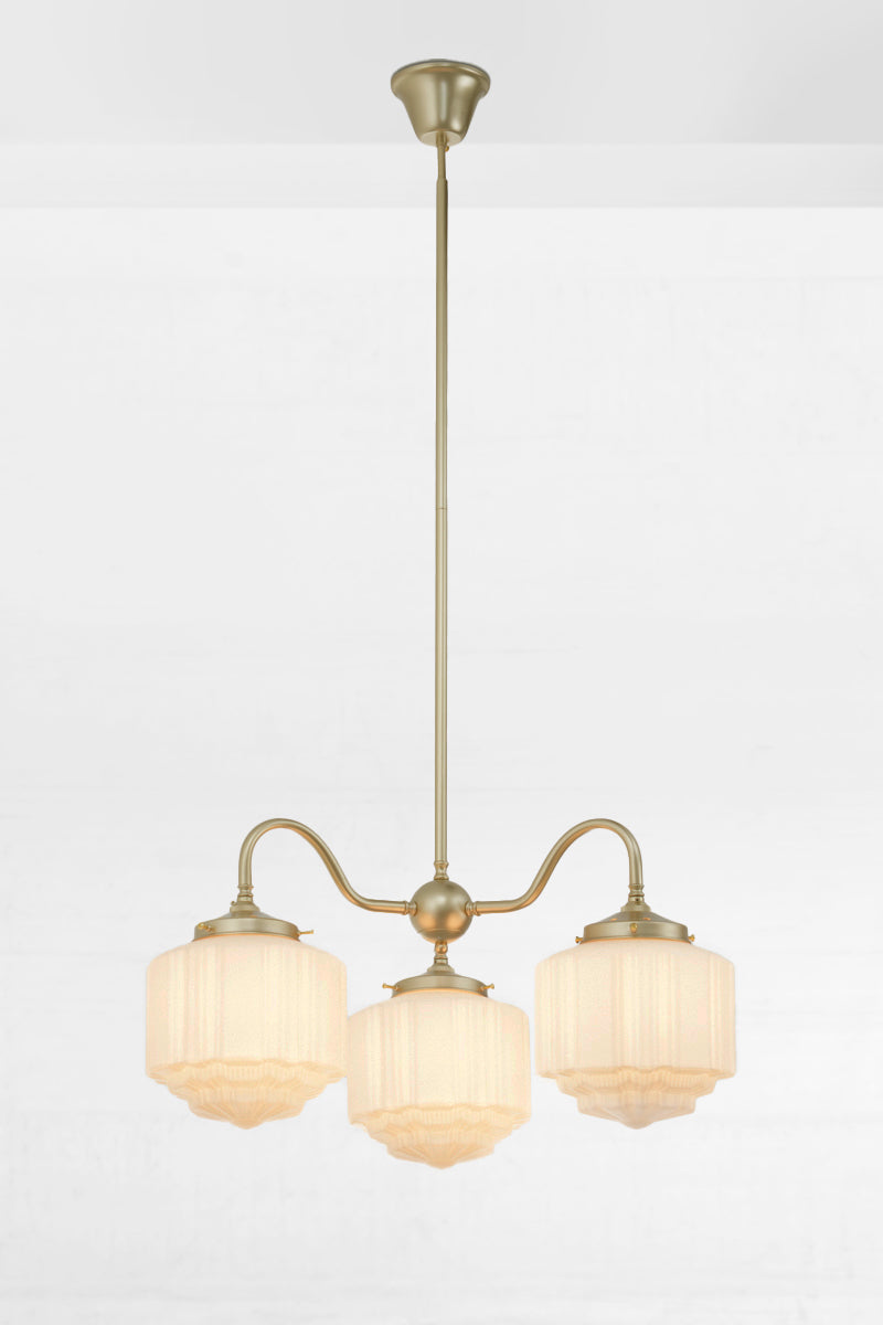 Gold/brass three gooseneck arm pendant light with opal glass deco shades