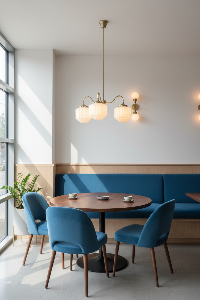 Deco 3 arm light in modern interior with blue upholstered chairs and a round wooden table near a large window.