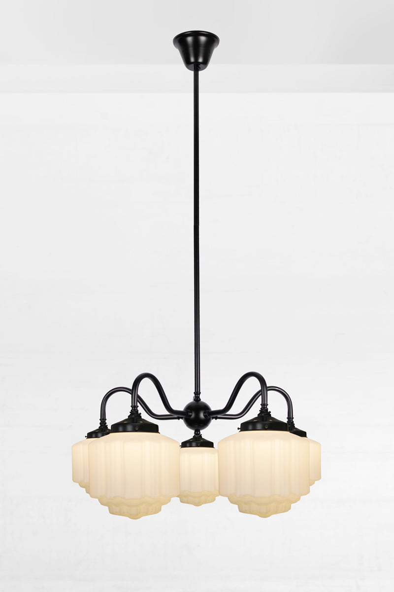 Deco Glass Gooseneck Chandelier with five opal glass shades with Art Deco inspired detailing on a black steel frame