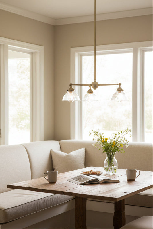 Gold/brass triple arm chandelier with adjustable lampholders and clear reeded glass shades over a breakfast banquette. 