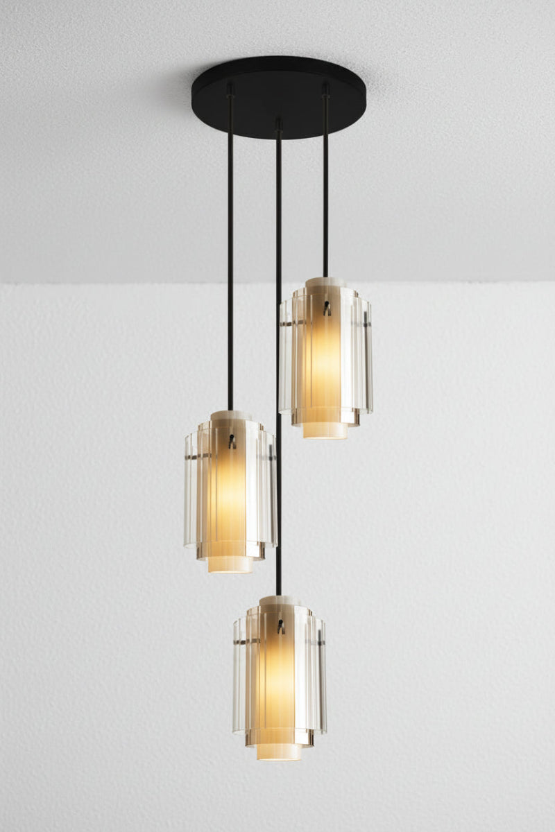 3 Drop layered glass pendant light with black circular rose. 